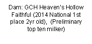 Text Box: Dam: GCH Heavens Hollow Faithful (2014 National 1st place 2yr old),  (Preliminary top ten milker)